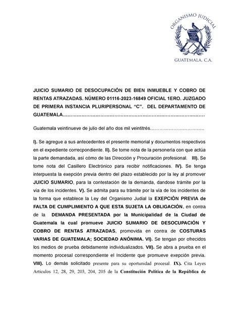 Resolucion ExepcióN sumario JUICIO SUMARIO DE DESOCUPACIÓN DE BIEN