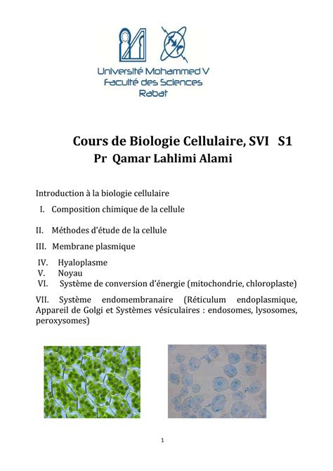 Biologie Cours 2 Cours De Biologie Cellulaire SVI S Pr Qamar Lahlimi