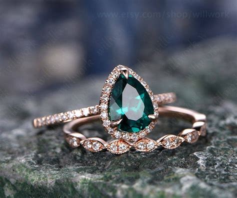 Green Emerald Engagement Ring Set Rose Gold Emerald Ring - Etsy