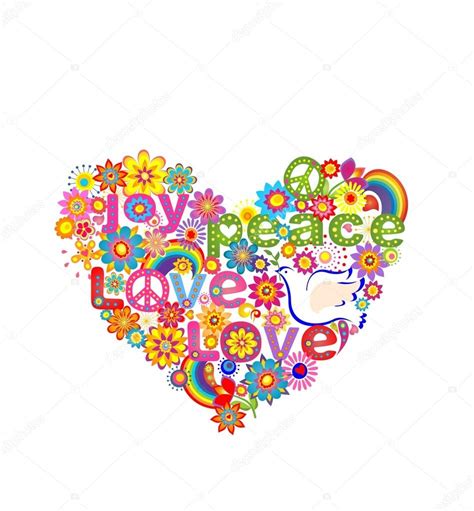 Corazón Hippie Estampado Con Paloma Símbolo De Paz Y Arco Iris Vector Gráfico Vectorial