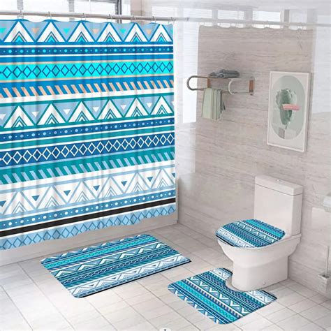 4pcs Bohemia Ethnic Style Shower Curtain Sets Geometric Boho Art