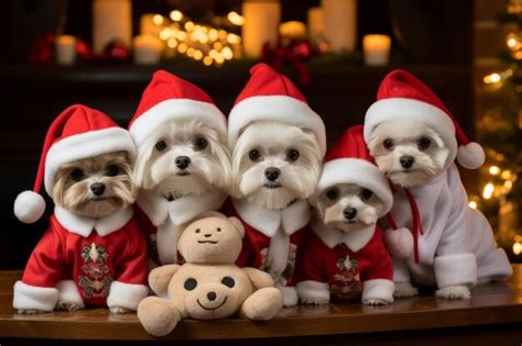 Premium Photo | Five Maltese dogs wearing Santa hats pose for a ...