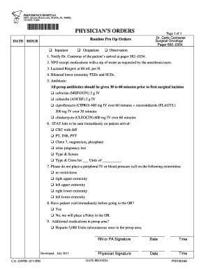 Fillable Online Support Providencehospital Routine Pre Op Orders Fax