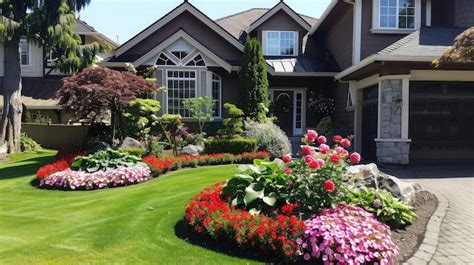 Premium Photo | Front yard landscaping with manicured lawns and vibrant ...