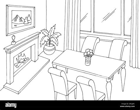 Dining Room Home Interior Graphic Black White Sketch Illustration