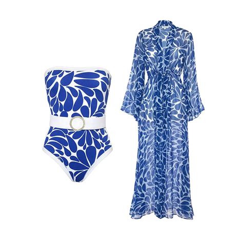 2024 Fashion Printed One Piece Swimsuit And Cover Up Women S Dark Blue Kimono Belt Bikinipng