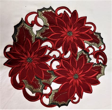 Doily Boutique Christmas Round Doily With Red Cutwork Poinsettias Size 23 Inches