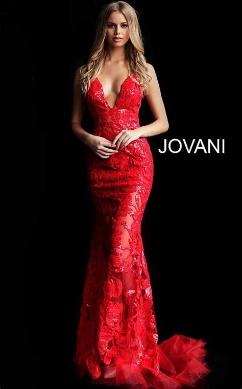 Jovani 60283 Red Sequin Embellished Sheer Plunging Prom Dress Prom Dresses Jovani Evening