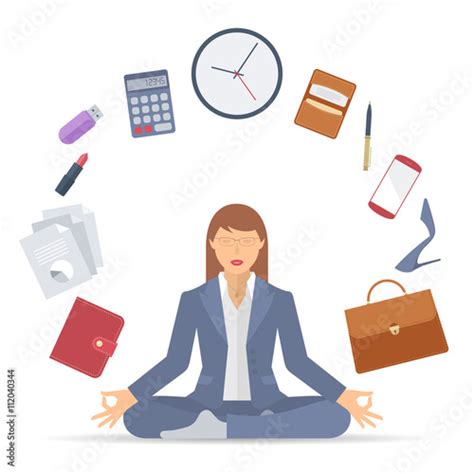 Flat Vector Business Concept Illustration Of Businesswoman Meditation Woman Meditates At Work