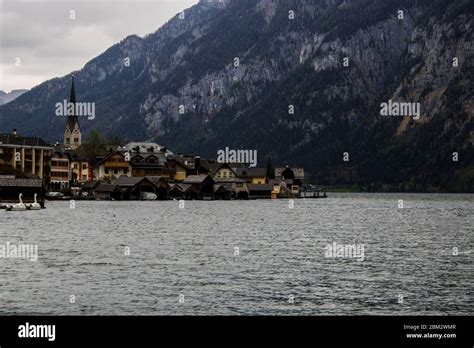 Hallstatt tourist town view from the lake in Austria Stock Photo - Alamy