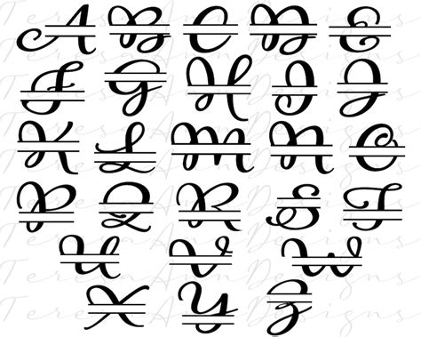 Script Split Monogram Alphabet Svg Png Dxf Digital Download Cricut