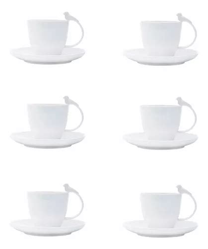 Cj 6 Xicaras Cafe Porcelana C pires Birds Branco Wolff 85ml Frete grátis