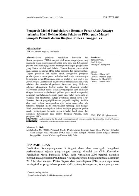 Pdf Pengaruh Model Pembelajaran Bermain Peran Role Playing Terhadap