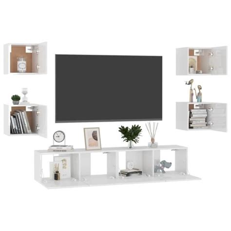 Ensemble De Meubles Tv Pcs Blanc Brillant Agglom R Yosoo