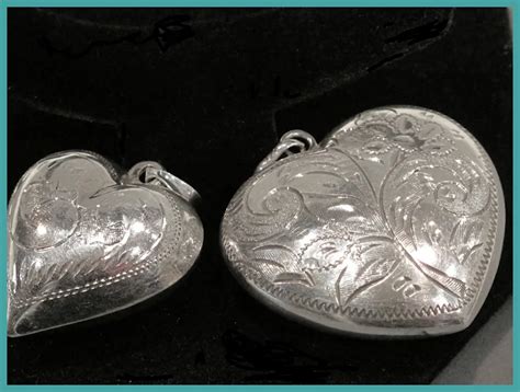 Pair 2 Vintage Solid Sterling Silver Puffy Heart Pendants Large