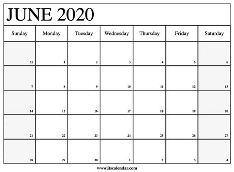 June 2020 Printable Calendar June 2020 Blank