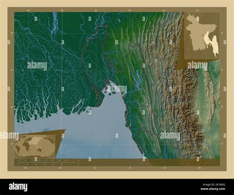 Chittagong, division of Bangladesh. Colored elevation map with lakes ...