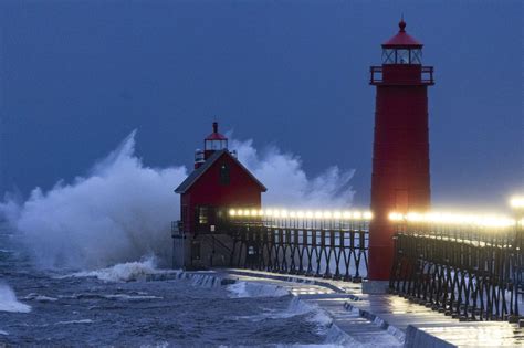 Lake Michigan Waves Batter Iconic Pier Lighthouse In November Gale