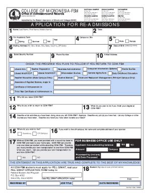 Fillable Online Application For Readmission College Of Micronesia