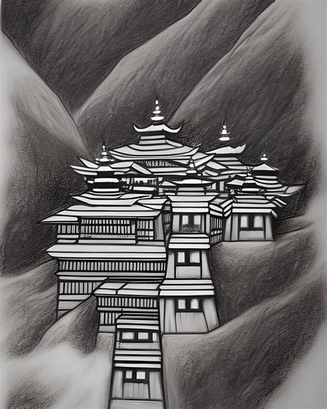 Digital Graphic Graphite Drawing Of Taktsang Palphug Monastery In