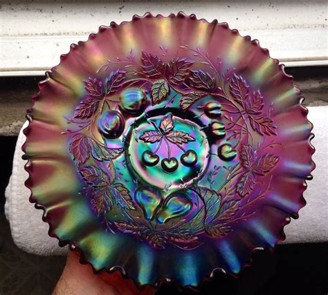 Northwood Three Fruits Carnival Glass Bowl With Piecrust Edge Gorgeous Purple Depression Glass