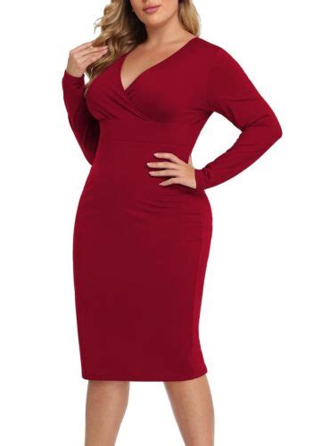 Womens Plus Size Long Sleeves Deep V Neck Dress Fall Sexy Bodycon Wrap Large Ebay