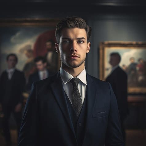 Premium Ai Image A Man In A Suit And Tie Stands In Front Of A Painting