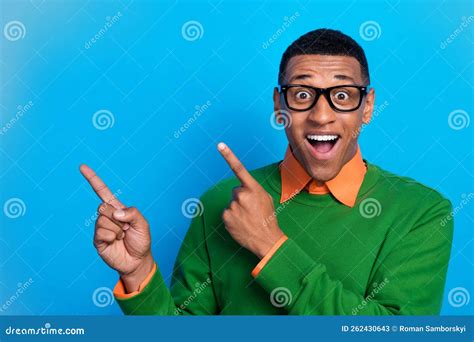 Photo Impressed Ecstatic Crazy Man Wear Orange Shirt Under Green Sweatshirt Indicating Empty