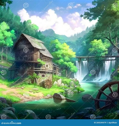 Water Mills In The Forest Anime Style Stock Illustration