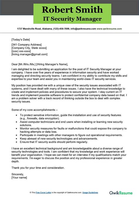 It Security Manager Cover Letter Examples Qwikresume