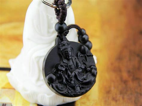 Ebony Wood Carving Chinese Kwan Guan Yin Lotus Feng Shui Statue Key