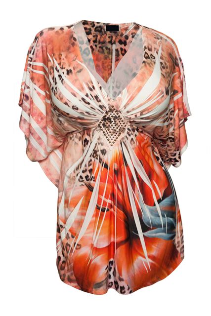 Plus Size Low Cut V Neck Slimming Floral Sublimation Print Top Orange