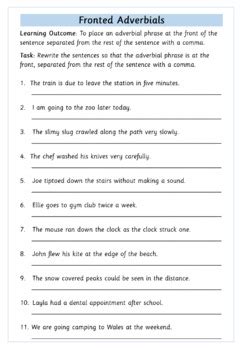 Fronted Adverbial Worksheets By Inspire And Educate TpT