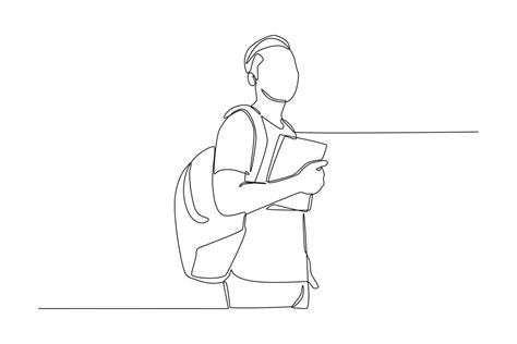 One Continuous Line Drawing Of Boy Student Standing With Backpack On