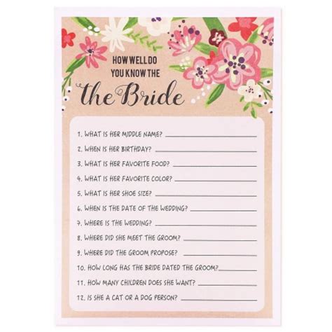 50 Sheets Floral Bridal Shower Games For Guests How Well Do You Know