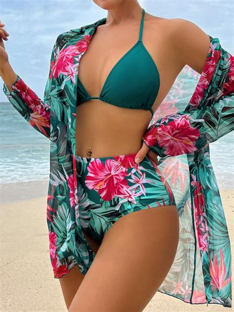 Shein Swim Classy Tropical Print Bikini Set Triangle Bra And High Waisted