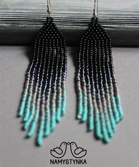 Turquoise Beaded Earrings Seed Bead Earrings Long Earrings Etsy