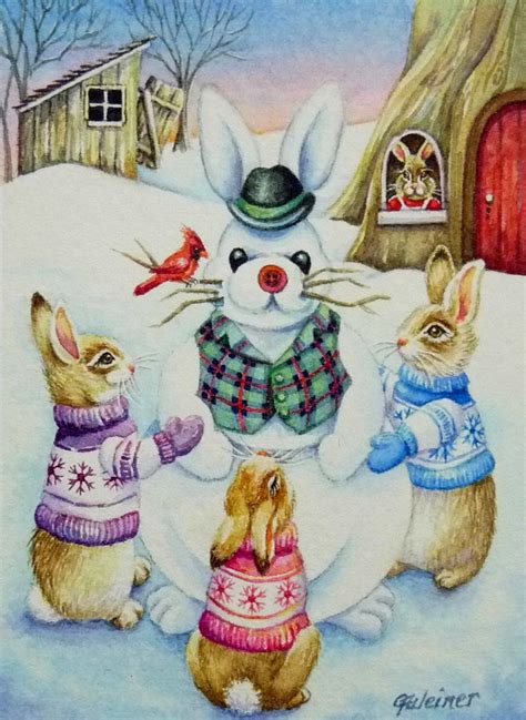 Aceo Limited Edition Print Bunny Rabbits Winter By Jeanweiner