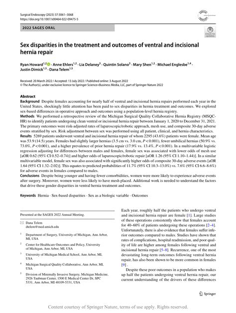 Sex Disparities In The Treatment And Outcomes Of Ventral And Incisional