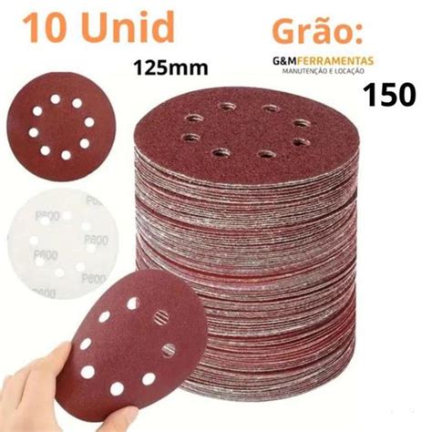 10 Discos de Lixa 8 Furos Grão 150 tiras autocolantes 125mm Para