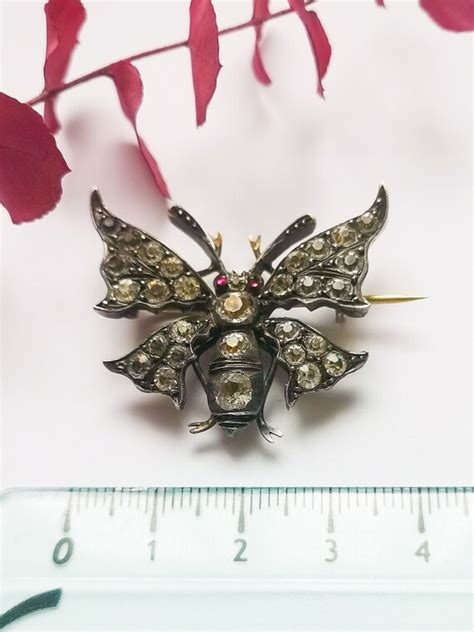 Broche Ancienne Victorienne Papillon Argent Pierres D Gem