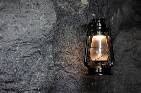 Lamp Warm Light Retro Antique Old Vintage On Stone Wall Stock Image