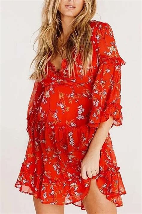 The Maternity Dress Deep V Neck Fashion Floral Ruffled Dress With Loose Long Sleeve Is So Casual