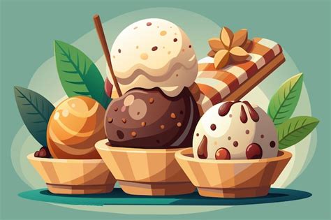 Tres Cuencos De Helados De Diferentes Sabores Con Guarniciones Vector