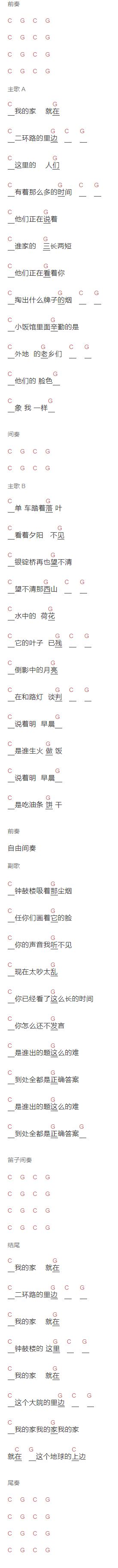 吉他简谱歌谱《钟鼓楼》六线谱 原调g调 C调吉他谱 吉他简谱