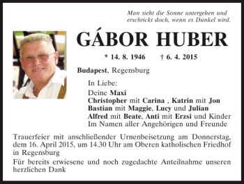 Traueranzeigen Von Gabor Huber Mittelbayerische Trauer