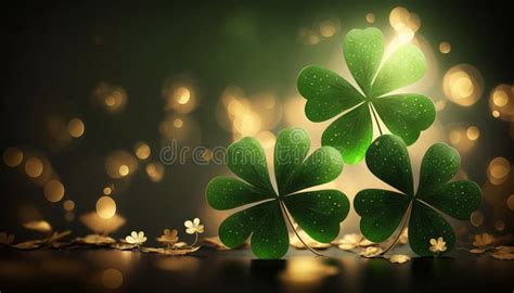 Beautiful Festive Background With Shining Clover Shamrocks And Golden