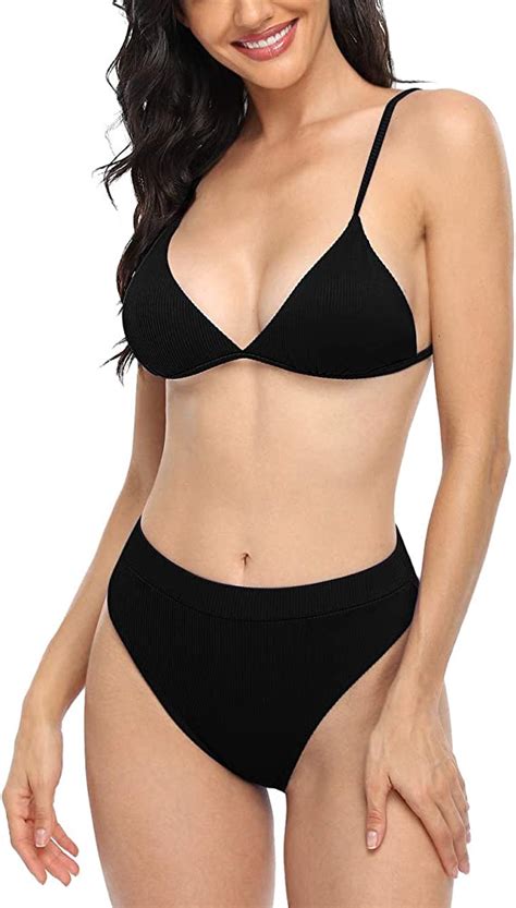 Women S Bikini Swimsuits Triangle Ribbed High Waisted Two Piece Wf