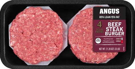 All Natural 85 Lean 15 Fat Angus Ground Beef Steak Burgers 4 Count 1 33 Lb Tray