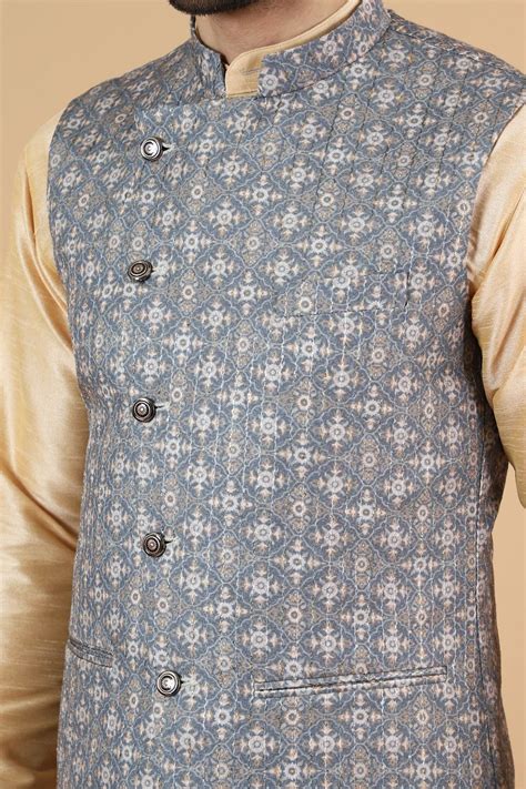 Wintage Mens Digital Print Cotton Silk Grey Modi Nehru Jacket Grey